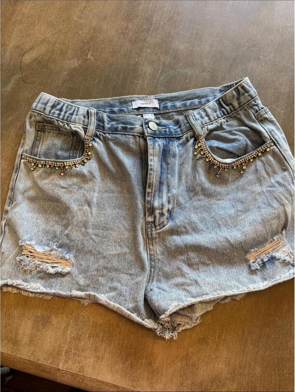 Forever 21 Light Blue Denim Shorts with Beaded Pocket Trim